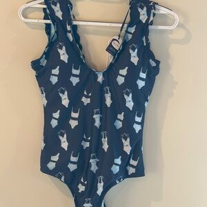 NWT Classic Prep Navy Swimsuit with White and Blue swimsuit Print